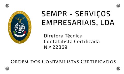 Placa da Ordem dos Contabilistas Certificados da SEMPR - Serviços Empresariais, Lda.; diretora técnica, Contabilista Certificada n.º 22869